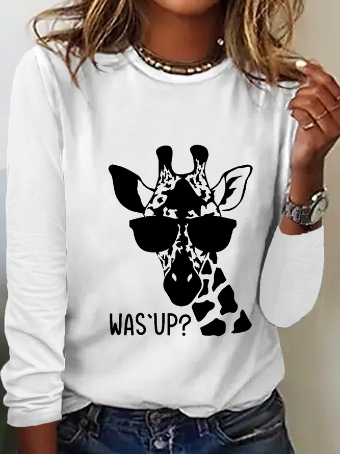 Women's Funny Graphic Was Up? Giraffe Simple Crew Neck Long sleeve Top