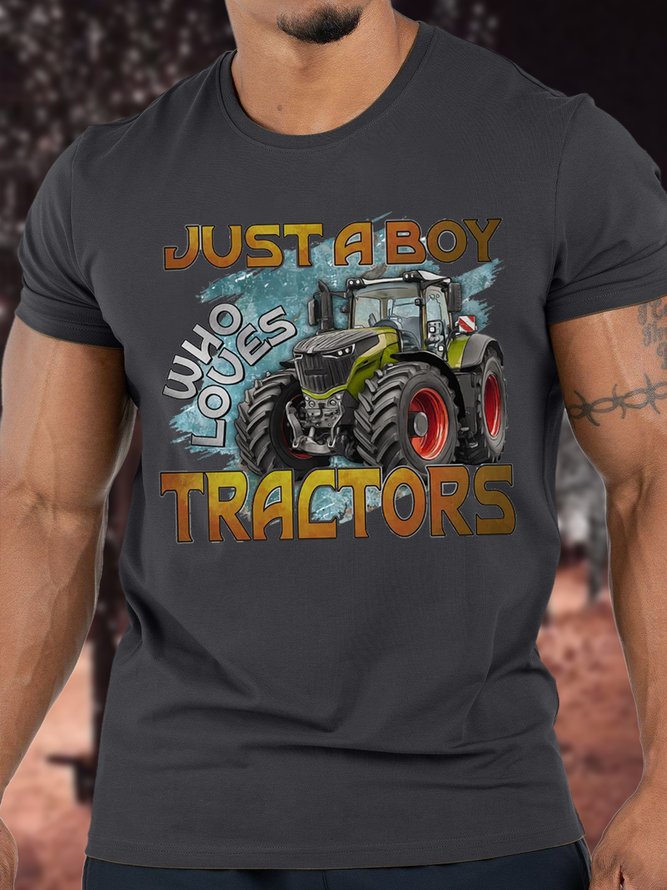 Men's Just A Boy Who Loves Tractors Funny Graphic Print Casual Loose Cotton Text Letters T-Shirt