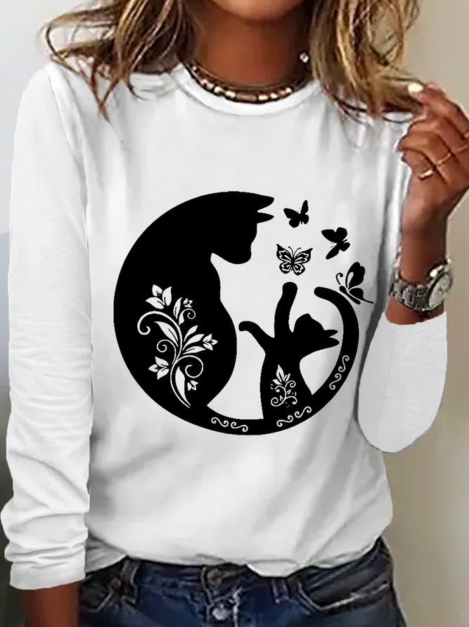 Women's Lovely Butterfly Cat Print Women Slogan Regular Fit Simple Long Sleeve Top