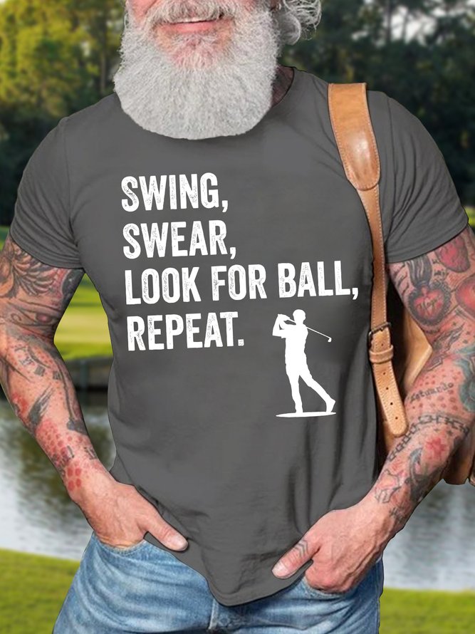 Men's Swing Swear Look For Ball Repeat Funny Golf Graphic Print Cotton Loose Text Letters Casual T-Shirt