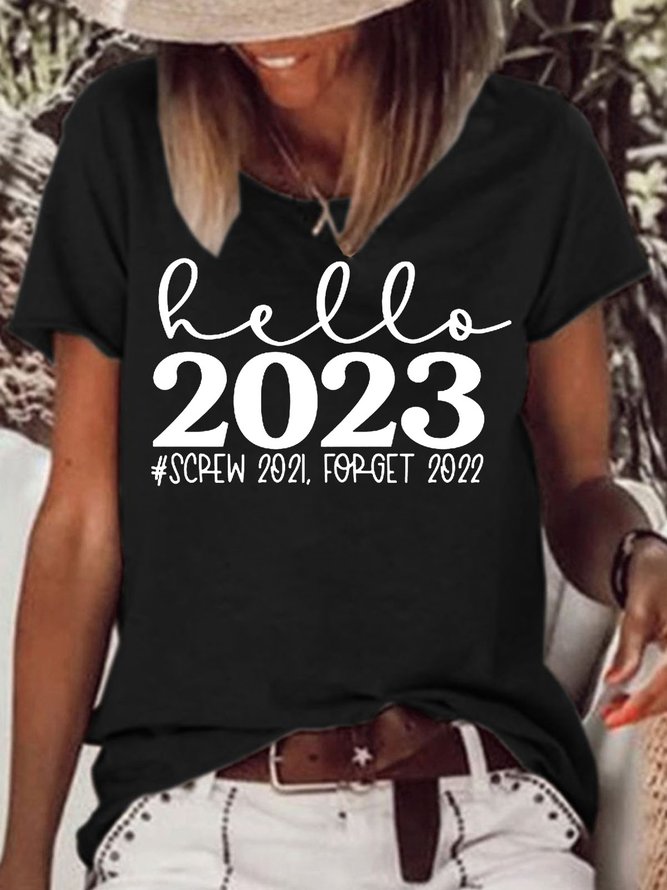Women's Welcome 2023 Funny Happy New Year Letters Crew Neck Casual T-Shirt