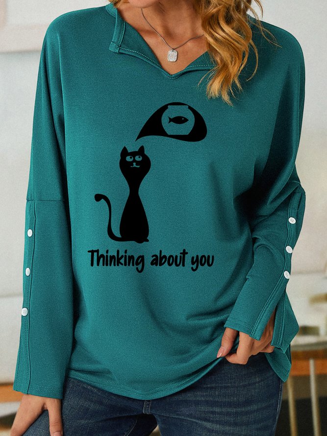 Lilicloth X Jessanjony Funny Black Cat Thinking About You Women's Shawl Collar Sweatshirt