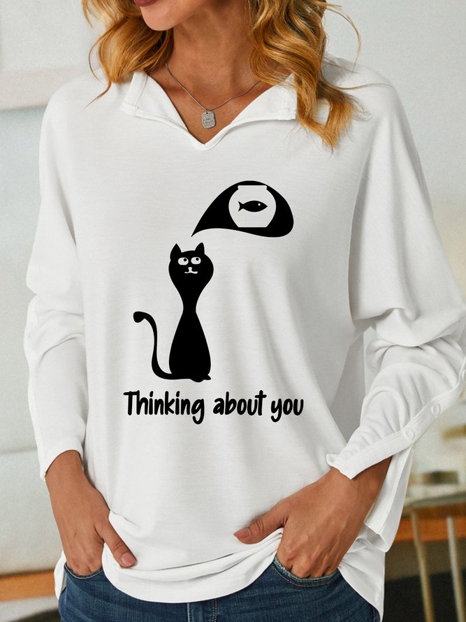 Lilicloth X Jessanjony Funny Black Cat Thinking About You Women's Shawl Collar Sweatshirt