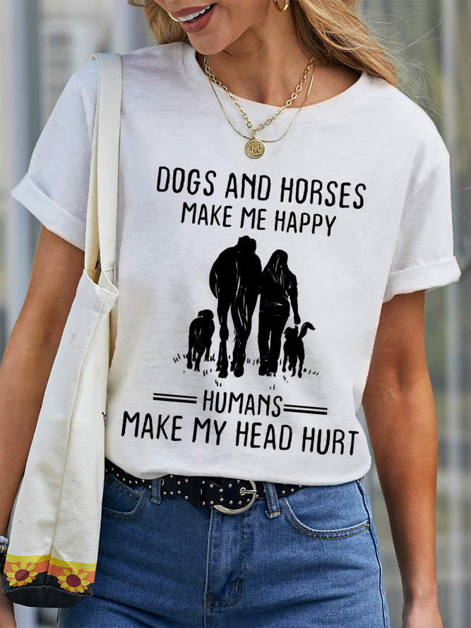 Women's Horse's Lover Gift Dogs And Horses Make Me Happy Humans Make My Head Hurt Casual T-Shirt