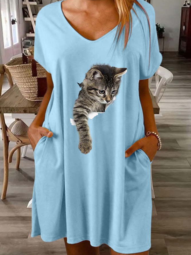 Women‘s Funny Cat Loose V Neck Cat Casual Dress