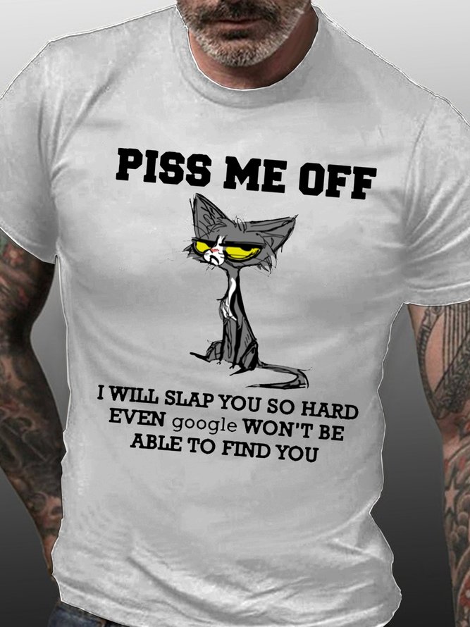 Men's Funny Letter Piss Me Off Cat Print Cotton Crew Neck Casual T-Shirt