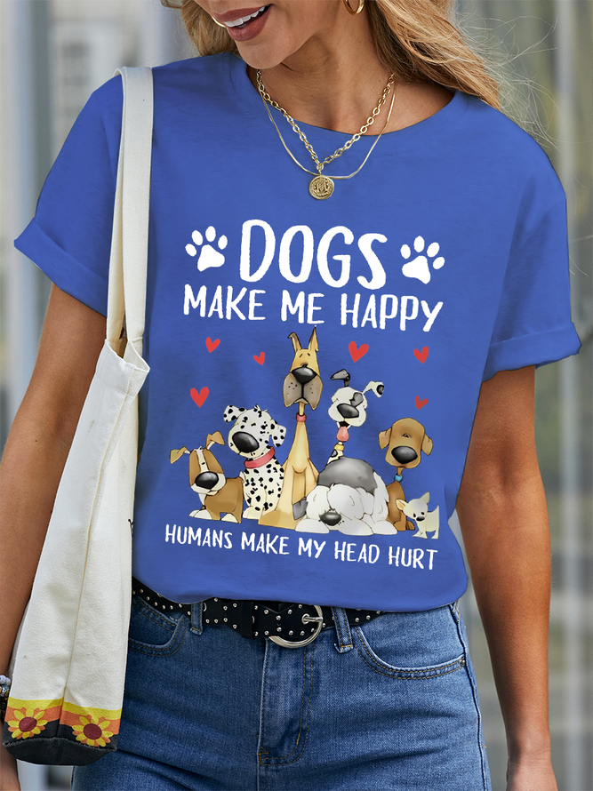 Women's Funny Word Dog Make Me Happy Cotton Casual Dog T-Shirt