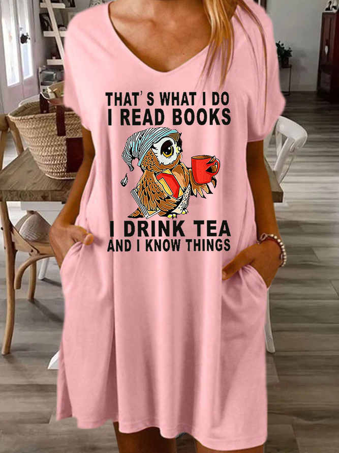 Women Owl That’s What I Do I Read Books I Drink Tea And I Know Things V Neck Casual Loose Dress