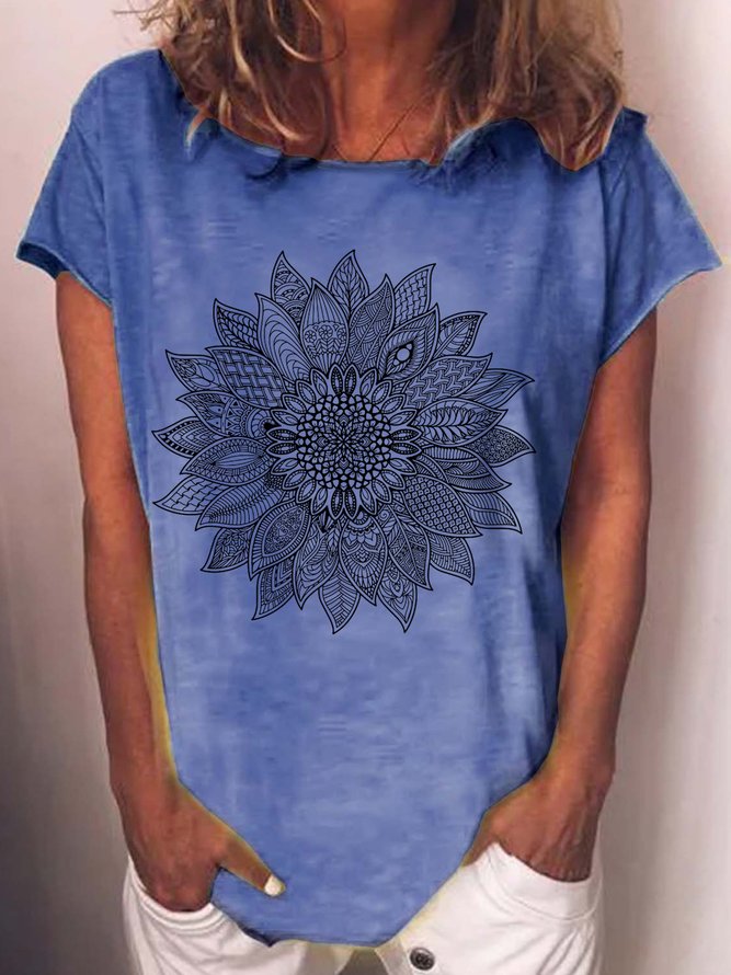 Women's Sunflower Zentangle Print Casual Crew Neck T-Shirt