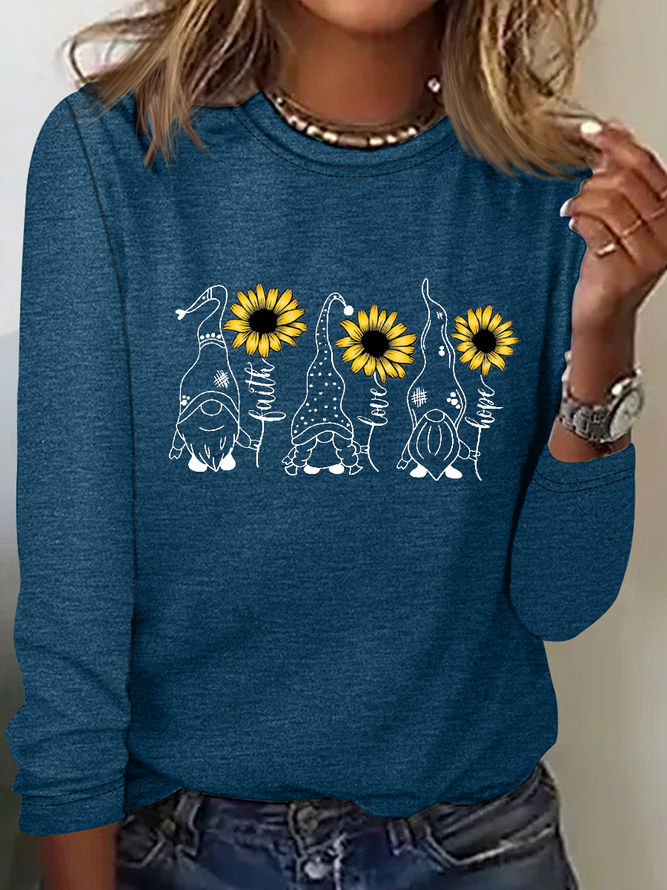 Women’s Simple Cotton-Blend Crew Neck Sunflower Long Sleeve Top