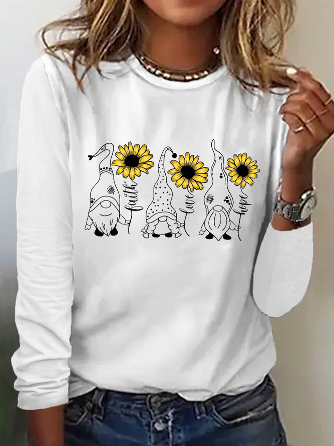 Women’s Simple Cotton-Blend Crew Neck Sunflower Long Sleeve Top