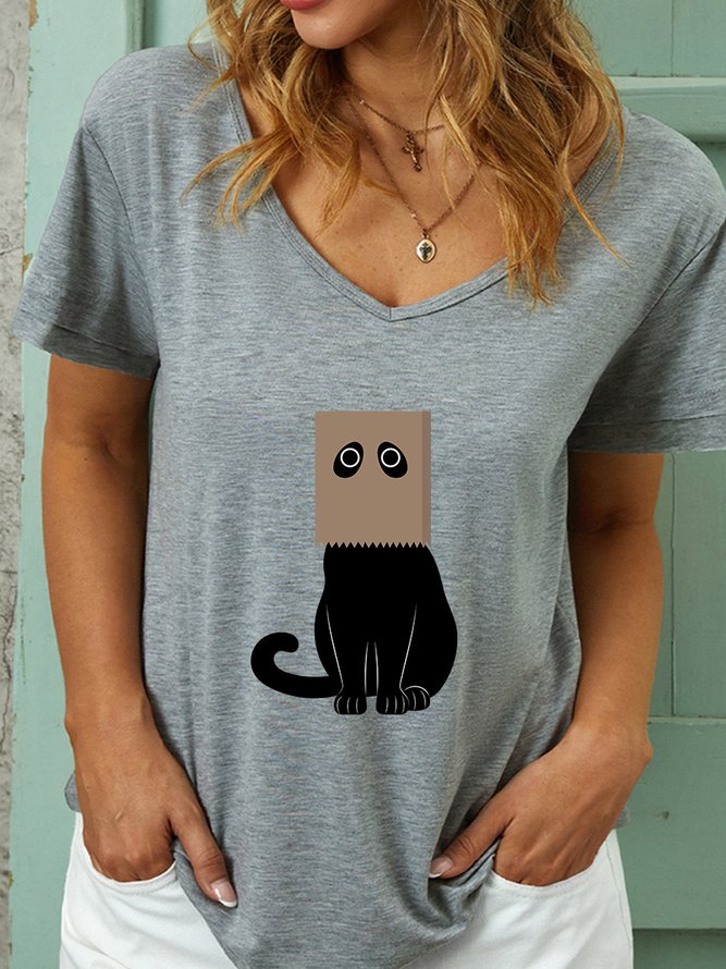 Lilicloth X Manikvskhan Funny Cat V Neck Casual T-Shirt