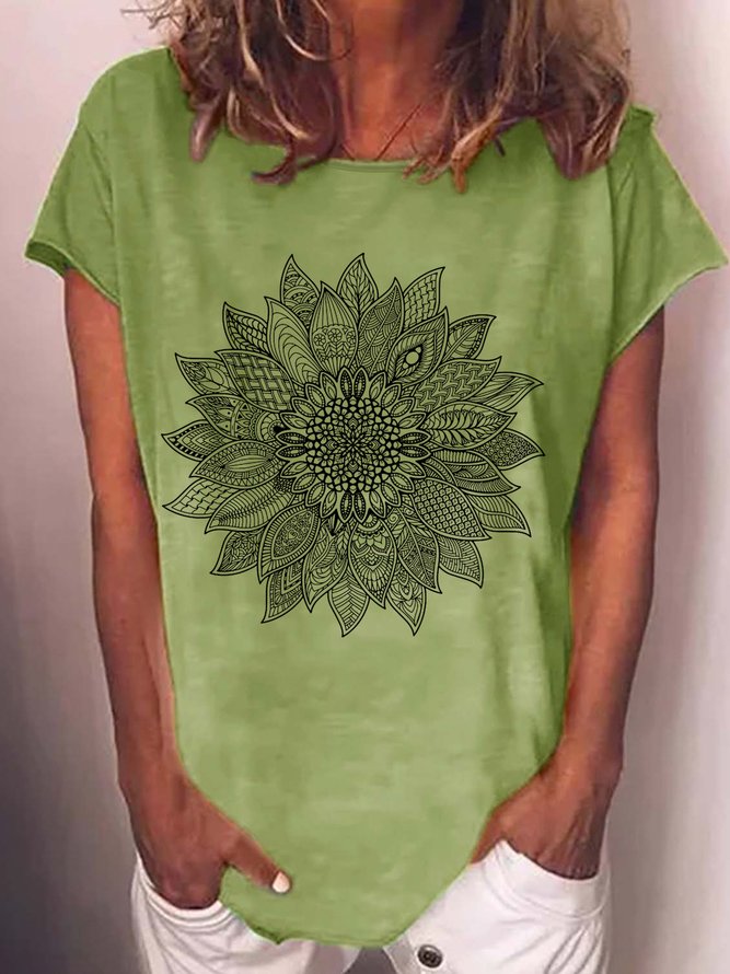 Women's Sunflower Zentangle Print Casual Crew Neck T-Shirt