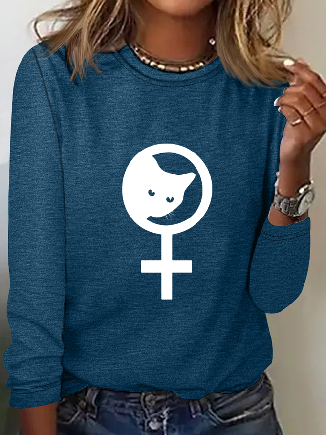 Women’s Feminist Symbol Cat Simple Crew Neck Long Sleeve Top