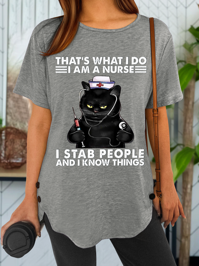 Women‘s Funny Word Black Cat That's What I Do I Am A Nurse Crew Neck Casual T-Shirt