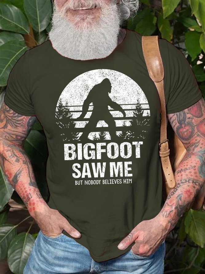 Men's Bigfoot Saw Me But Nobody Believes Him Funny Outdoor Camping Graphic Print Crew Neck Casual Cotton Text Letters T-Shirt