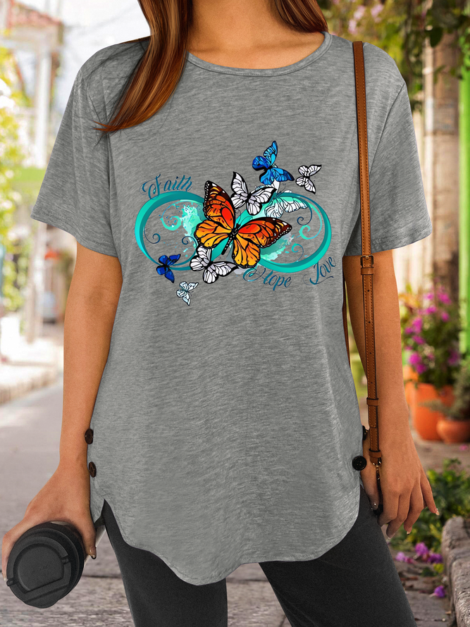 Women‘s Faith hope love Butterfly Casual Crew Neck T-Shirt