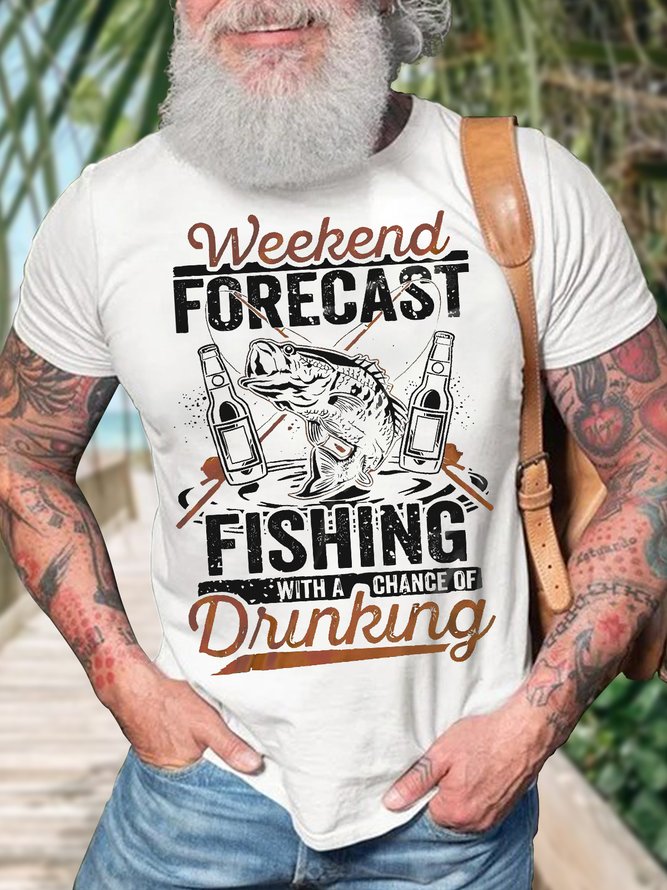 Men's Weekend Forecast Fishing With A Chance Of Drinking Funny Graphic Print Cotton Crew Neck Casual Text Letters T-Shirt