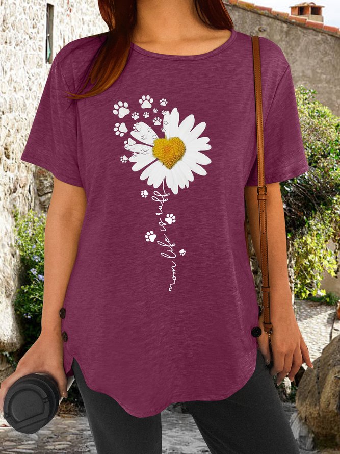 Women's Paw Flower Print Letters Crew Neck Casual T-Shirt