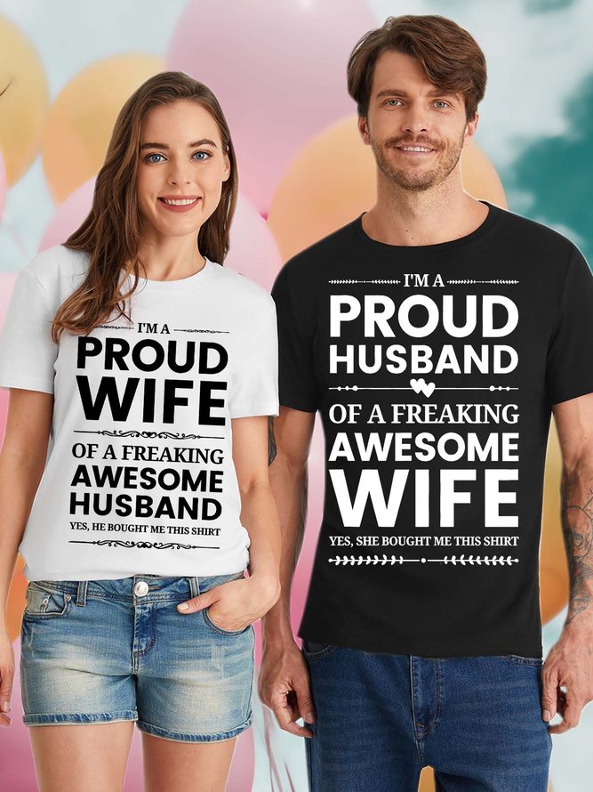 Men’s I’m A Proud Husband Of A Freaking Awesome Wife Couple Cotton Casual Crew Neck Text Letters T-Shirt