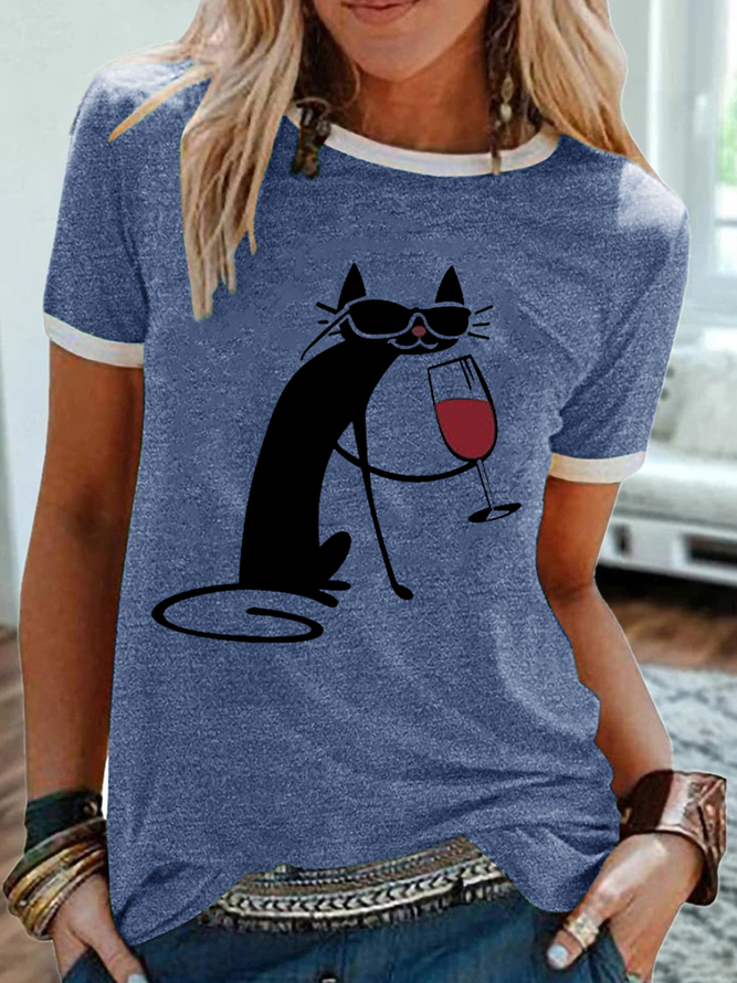 Women's Black Cat And Wine Regular Fit Simple T-Shirt