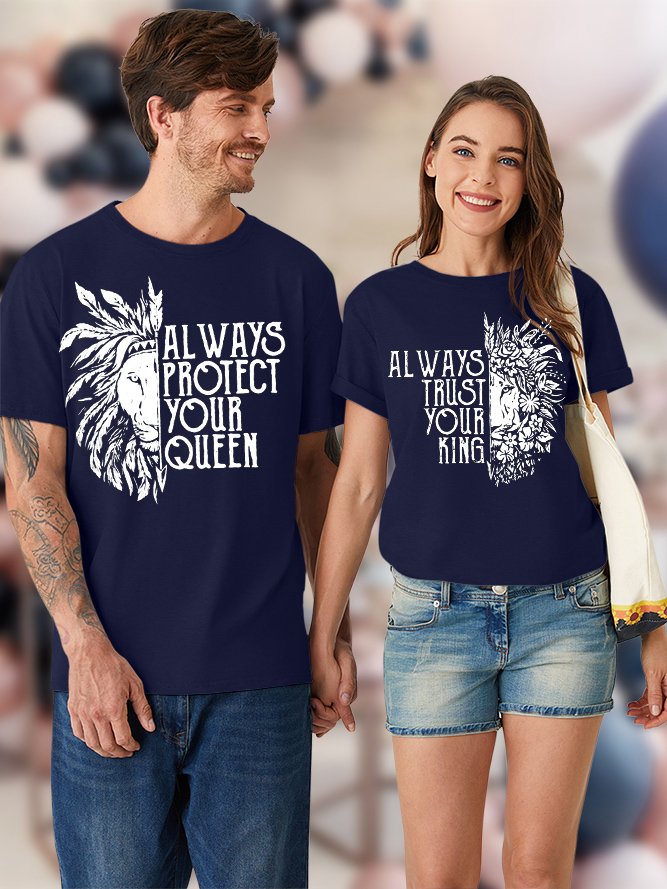 Men's Always Protect Your Queen Funny Graphic Print Valentine's Day Gift Couple Crew Neck Cotton Text Letters Casual T-Shirt