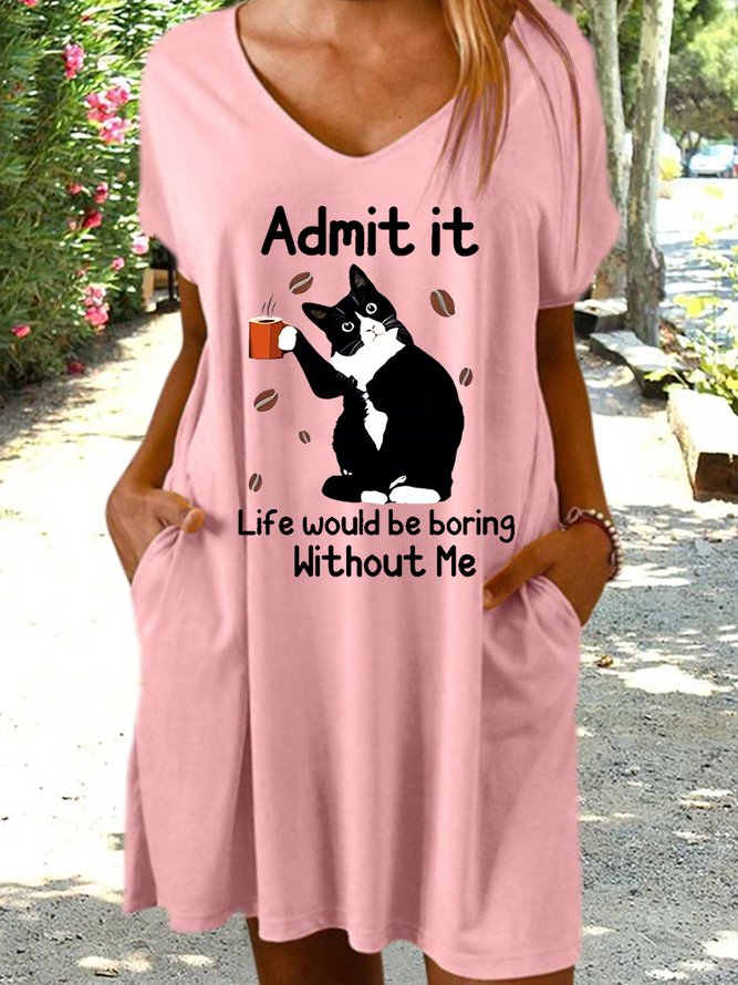 Women's Funny Word Cat Lover Loose Casual Animal Dress