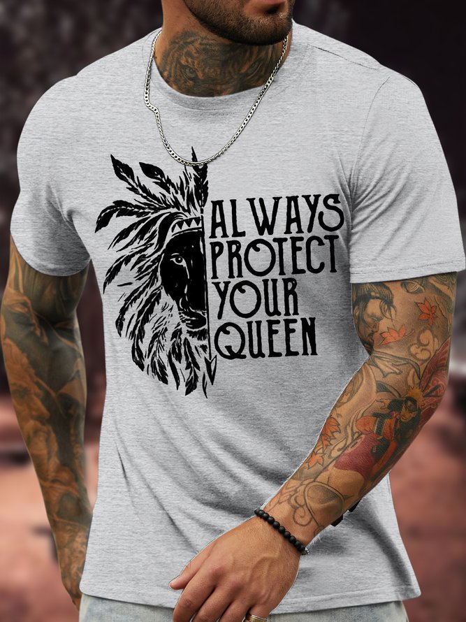 Men's Always Protect Your Queen Funny Graphic Print Valentine's Day Gift Couple Crew Neck Cotton Text Letters Casual T-Shirt