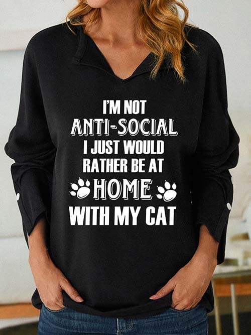 Lilicloth X Y I'm Not Anti Social I Just Would Rather Be At Home With My Cat Women's Shawl Collar Sweatshirt