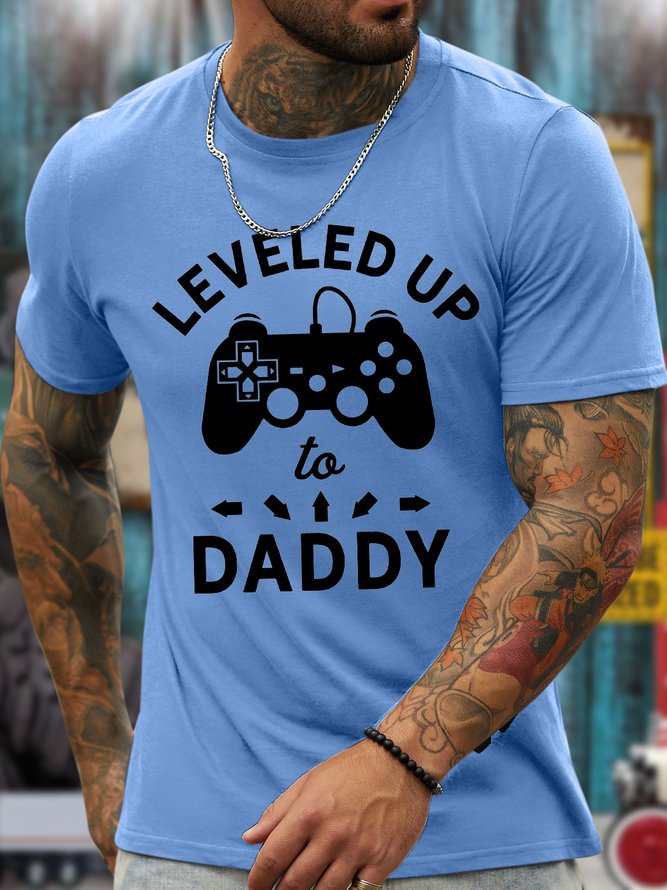 Men's Leveled Up To Daddy Funny Game Graphic Print Crew Neck Casual Cotton Text Letters T-Shirt