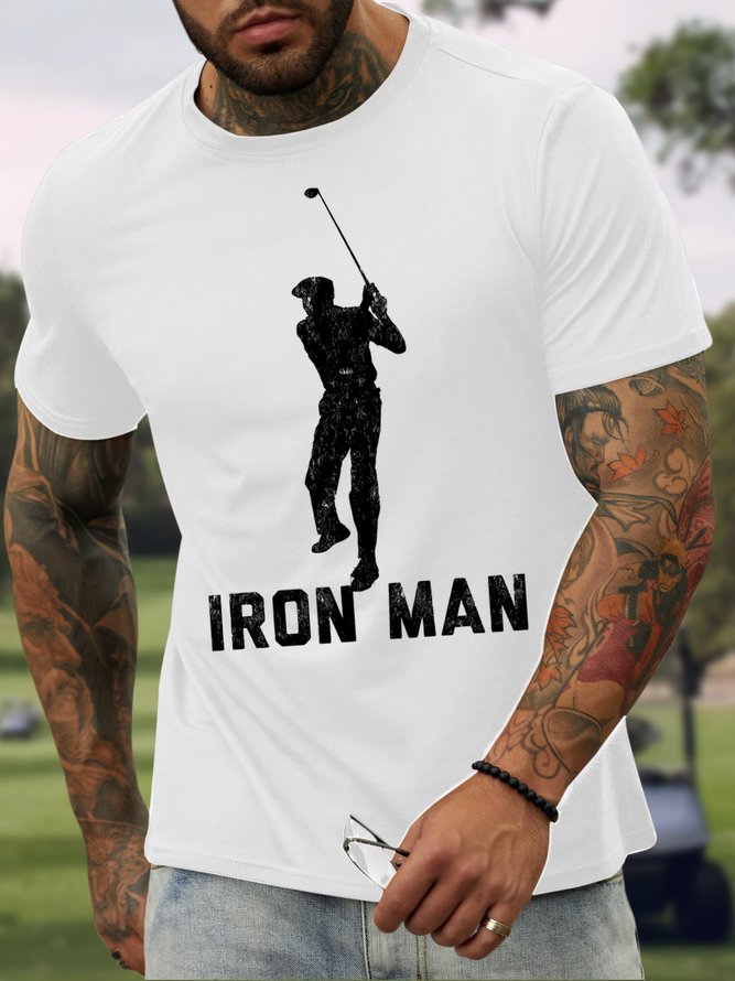 Men's Golf Iron Man Funny Graphic Print Loose Casual Cotton Text Letters T-Shirt