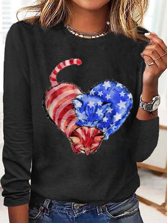 Women's Cat Flag Heart Print Casual  Letters Crew Neck Top