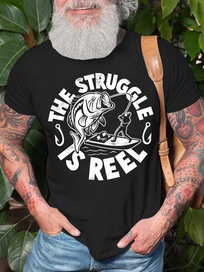 Men's The Struggle Is Reel Funny Fishing Graphic Print Cotton Loose Crew Neck Casual T-Shirt