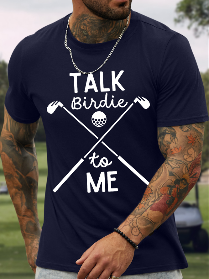 Men's Talk Birdie To Me Funny Golf Graphic Print Crew Neck Text Letters Cotton Casual T-Shirt