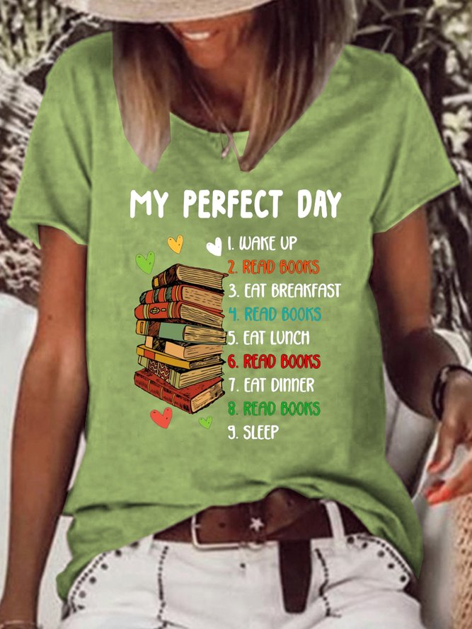 Women's My Perfect Day Read Books Funny Reading Book Lover Crew Neck Casual Text Letters T-Shirt