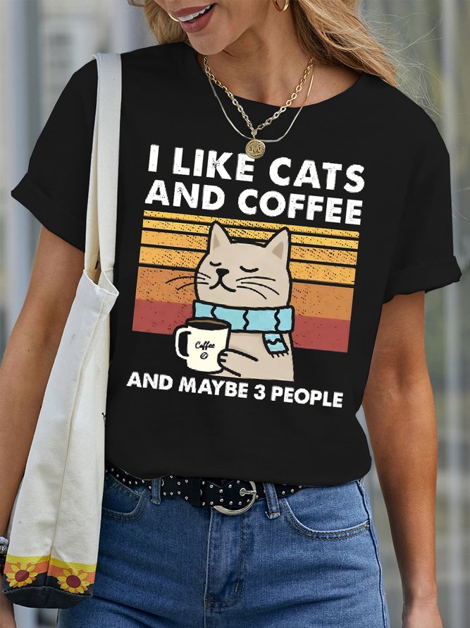 Women's I Like Cats And Coffee And Maybe 3 People Funny Graphic Print Casual Cotton Dog Loose T-Shirt