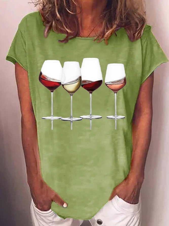 Women's Wine Print Casual Crew Neck T-Shirt
