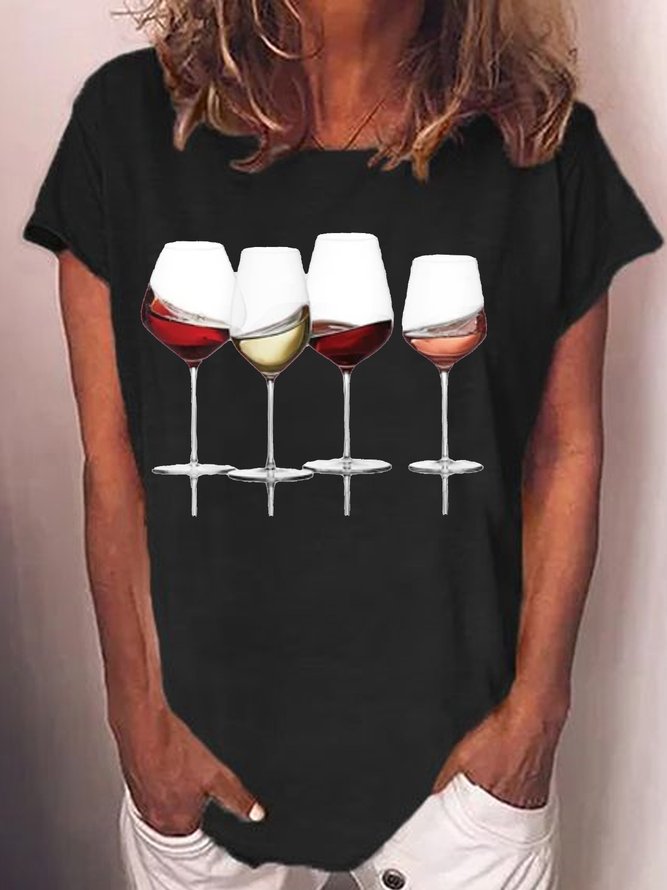 Women's Wine Print Casual Crew Neck T-Shirt