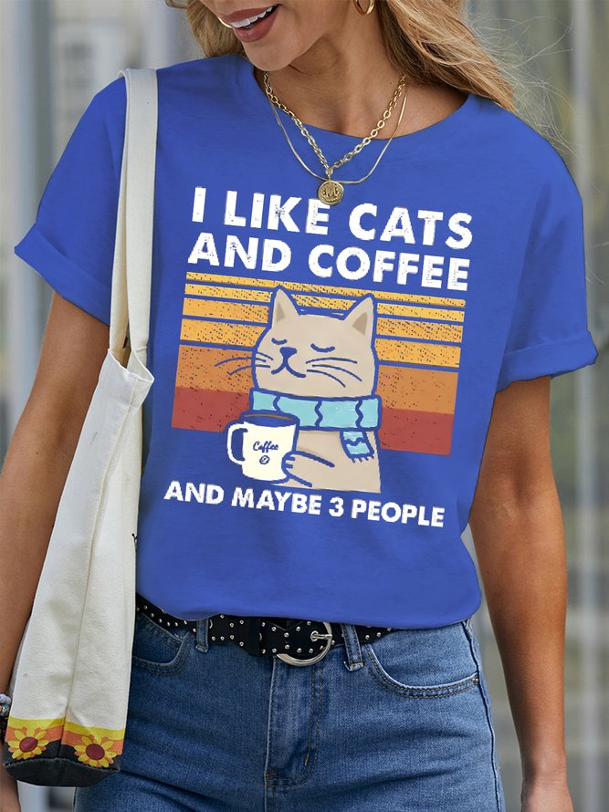 Women's I Like Cats And Coffee And Maybe 3 People Funny Graphic Print Casual Cotton Dog Loose T-Shirt
