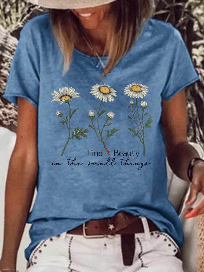 Women's Find Beauty In The Small Things Daisy Wildflower Crew Neck Casual T-Shirt