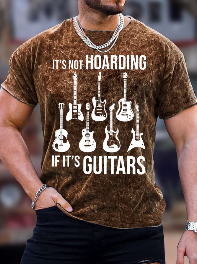 Men's It Is Not Hoarding If It’S Guitars Funny Graphic Print Casual Text Letters Crew Neck Loose T-Shirt