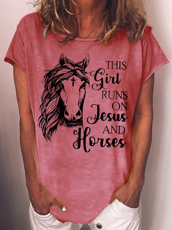 Women's This Girl Runs On Jesus And Horses Casual T-Shirt