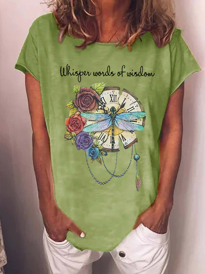 Women’s Dragonfly Flowers Whisper Words Of Wisdom Print Simple Animal T-Shirt