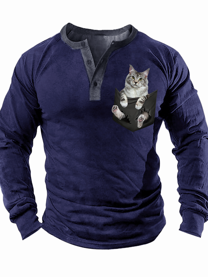 Men’s Cat In The Pocket Pattern Animal Casual Regular Fit Top