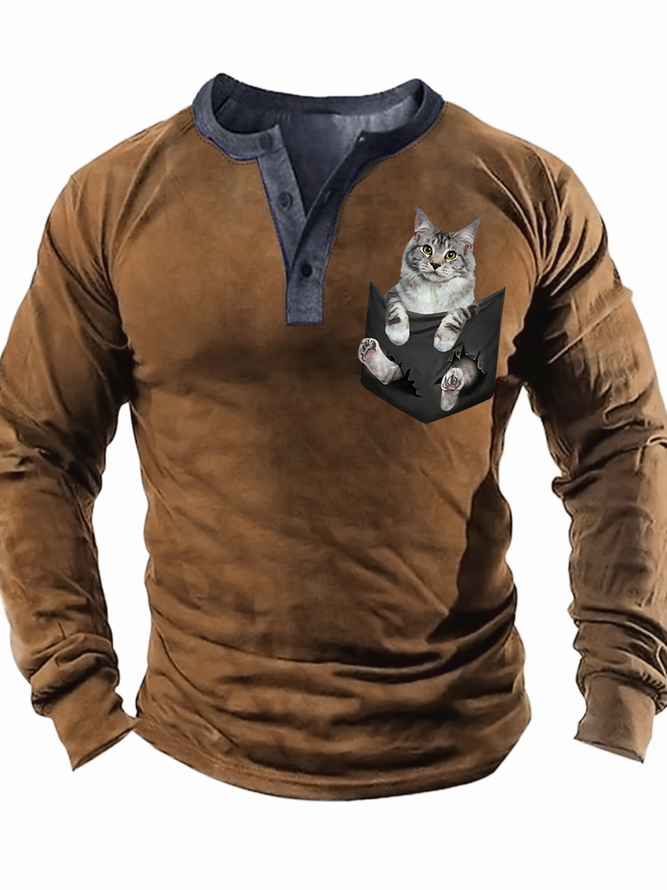 Men’s Cat In The Pocket Pattern Animal Casual Regular Fit Top