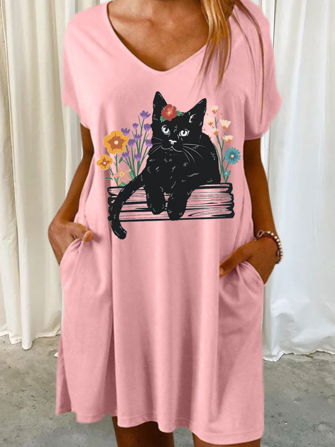 Women‘s Black Cat Lover Floral Book Casual Loose Dress