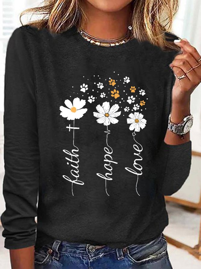 Women's Faith Hope Love Floating Paw Prints Crew Neck Casual Top