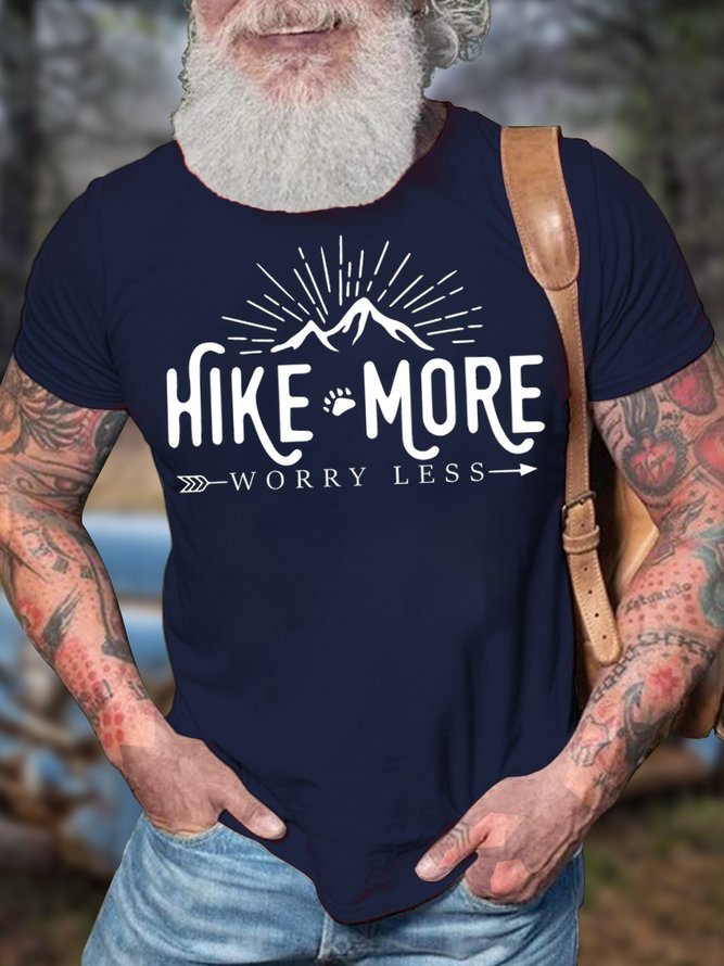 Men's Hike More Worry Less Funny Graphic Print Text Letters Cotton Casual T-Shirt