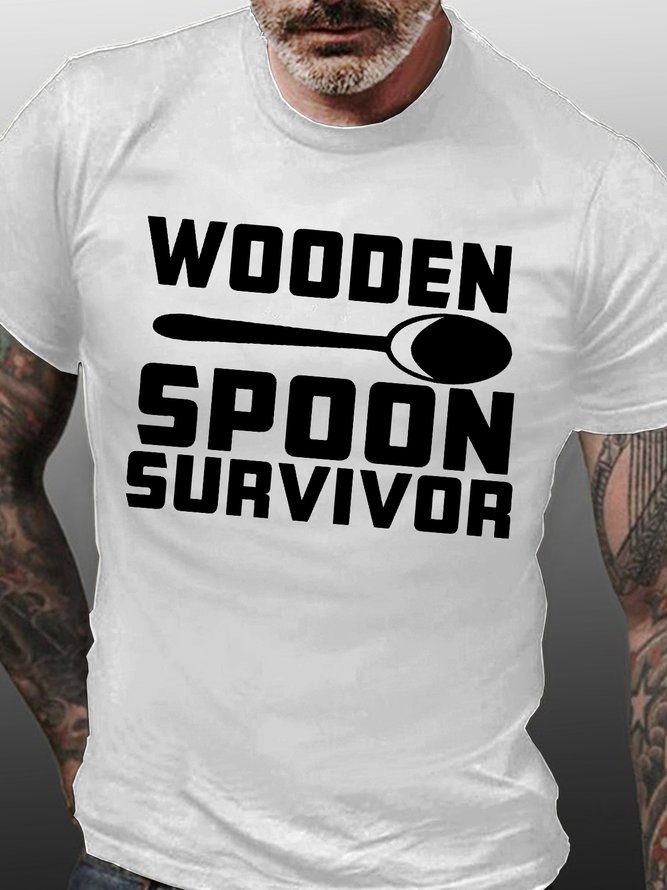 Men's Wooden Spoon Survivor Funny Graphic Print Cotton Crew Neck Text Letters Casual T-Shirt