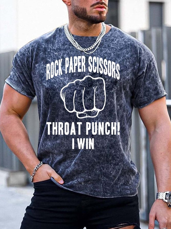 Men’s Rock Paper Scissors Throat Punch I Win Text Letters Regular Fit Crew Neck Casual T-Shirt